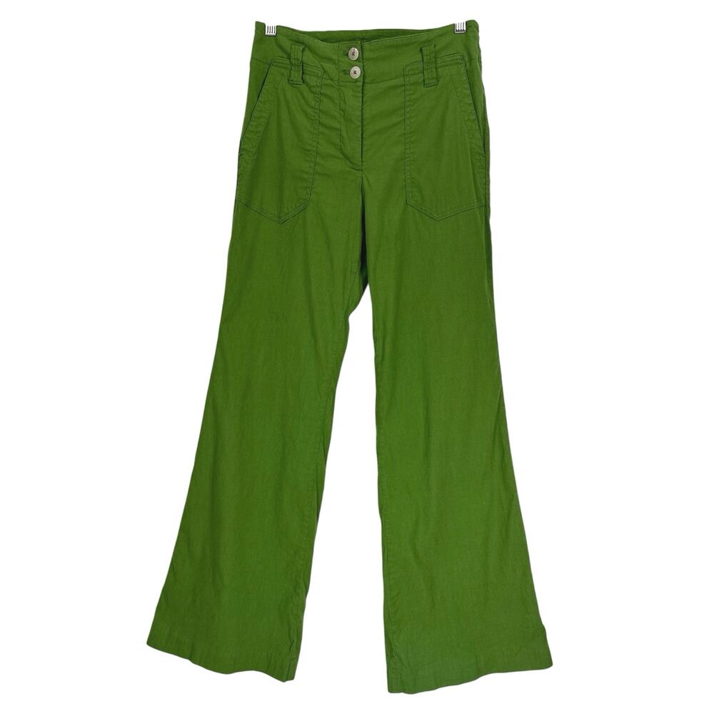 Maeve Anthropologie Naomi Wide Leg Flare Pants Green Linen Blend High Rise Sz 8 - Picture 4 of 14